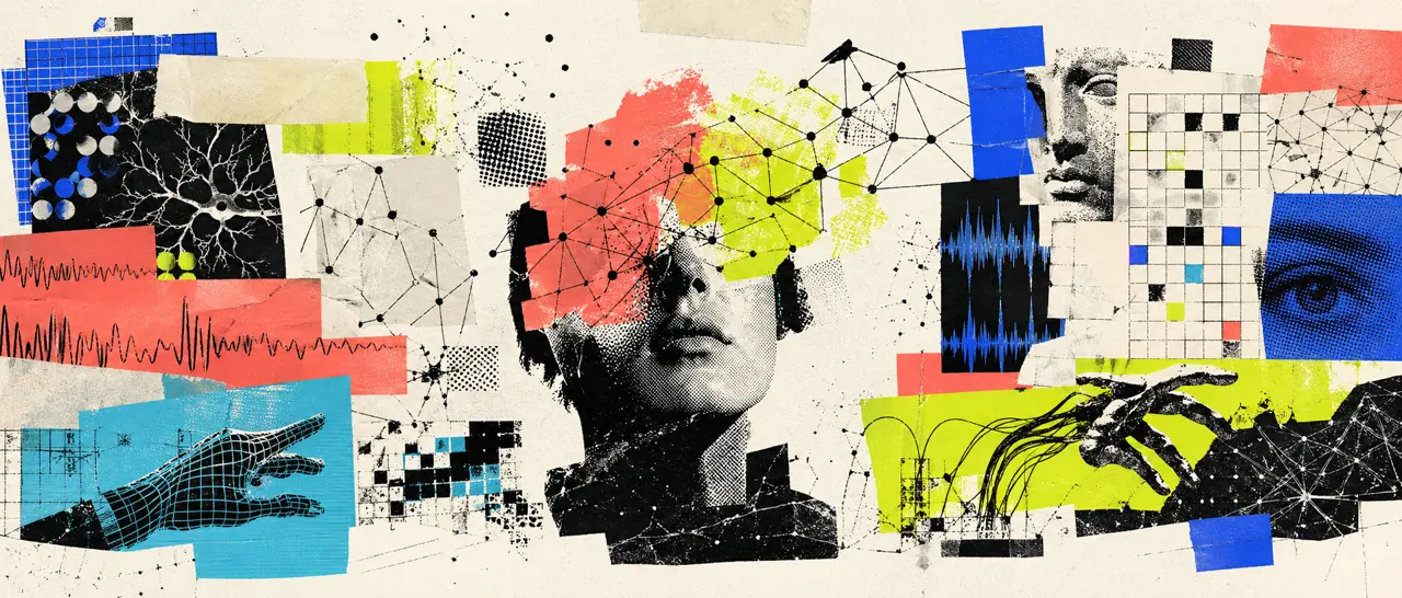 Neo-zine human and AI editorial collage for AI Dispatch